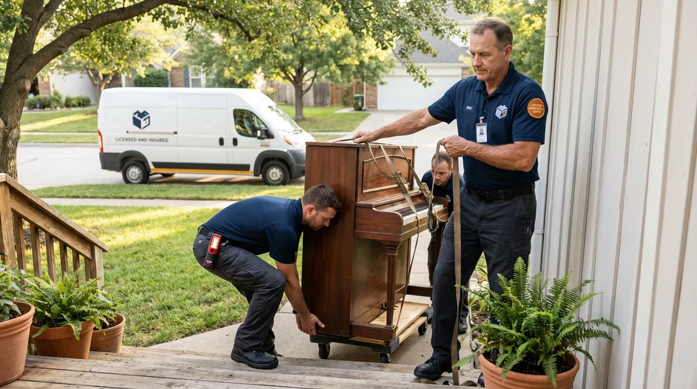 Licensed piano movers securing grand piano in Easley, SC