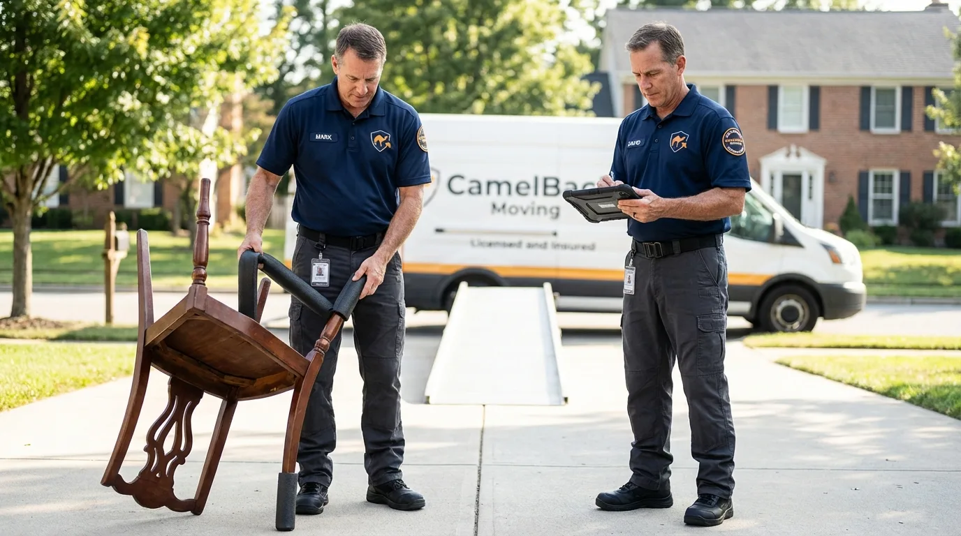Movers inspecting furniture for damage prevention before loading in Easley, SC