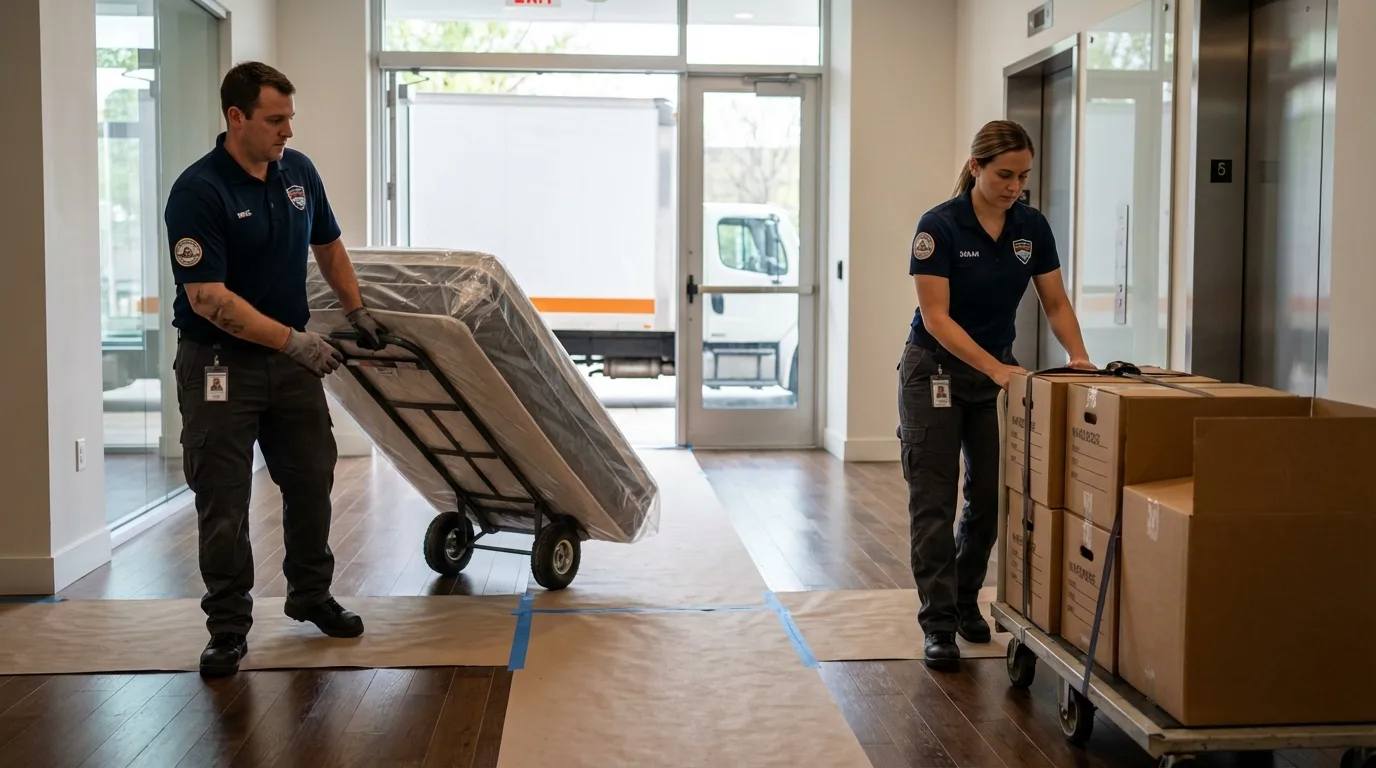 Professional apartment movers loading elevator in Easley, SC